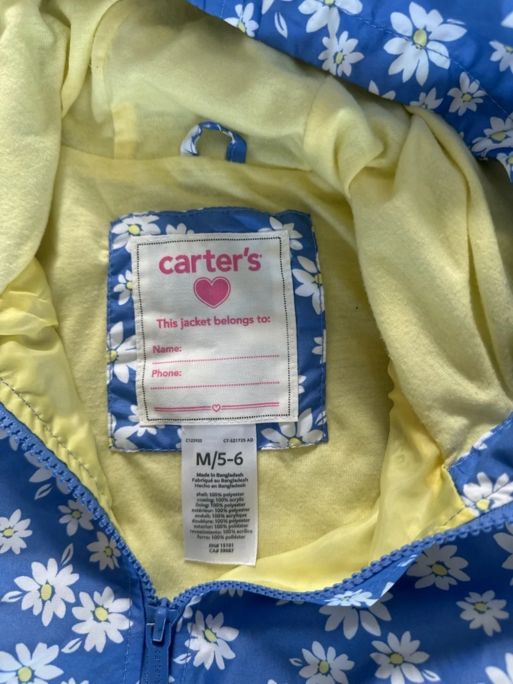 Carter's Girls Blue Floral Daisy Hooded Rain Jacket Medium 5-6